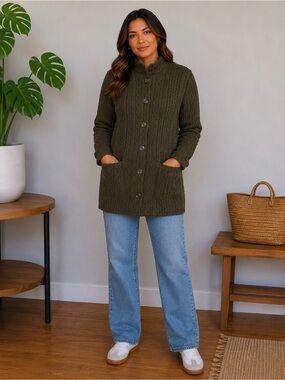 Olive Cable-Knit Button Front Mandarin Collar Women's Sweater Coat Jacket